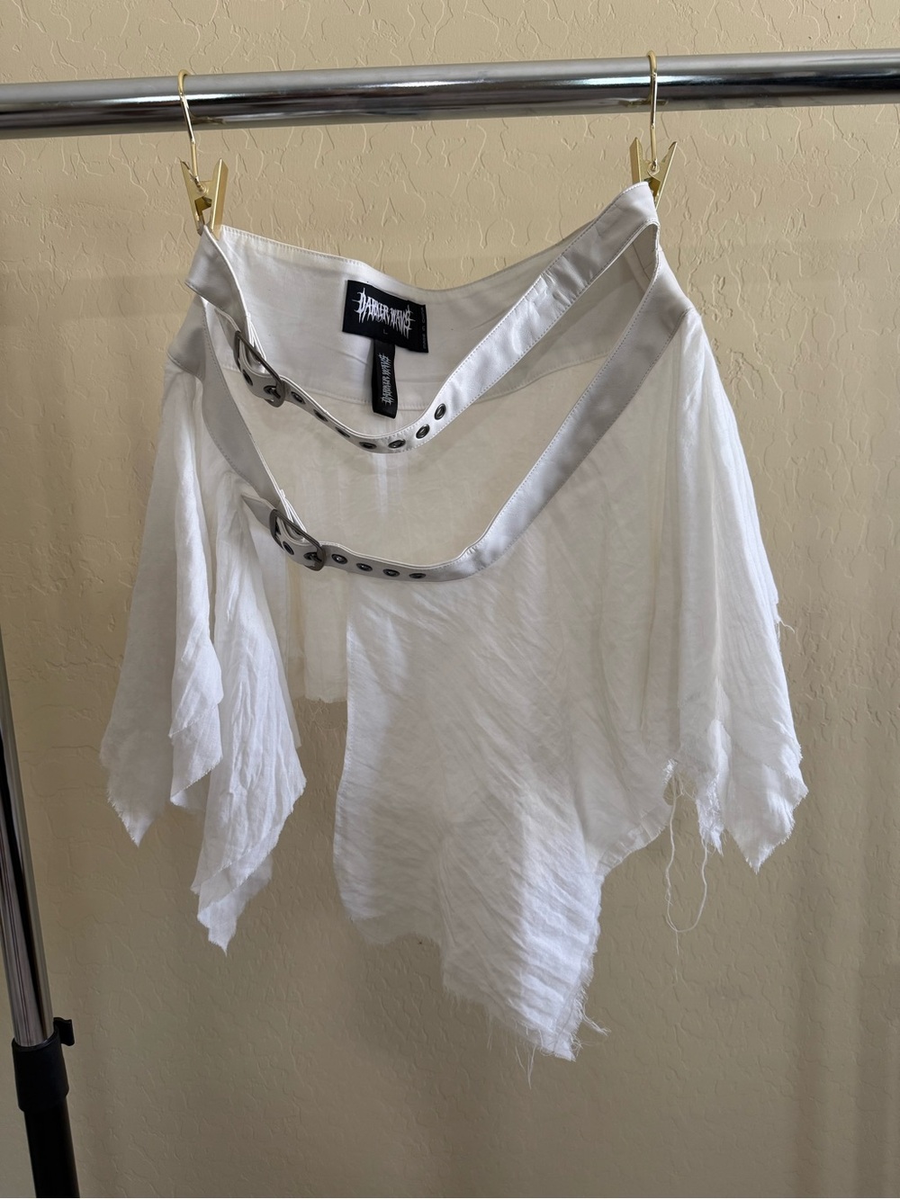 Distressed Asymmetrical White Skirt with Belted Detail - Unbranded